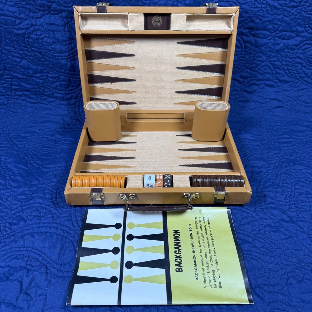 Vintage Aries Of Beverly Hills Backgammon Set Complete Tan Brown Briefcase Case